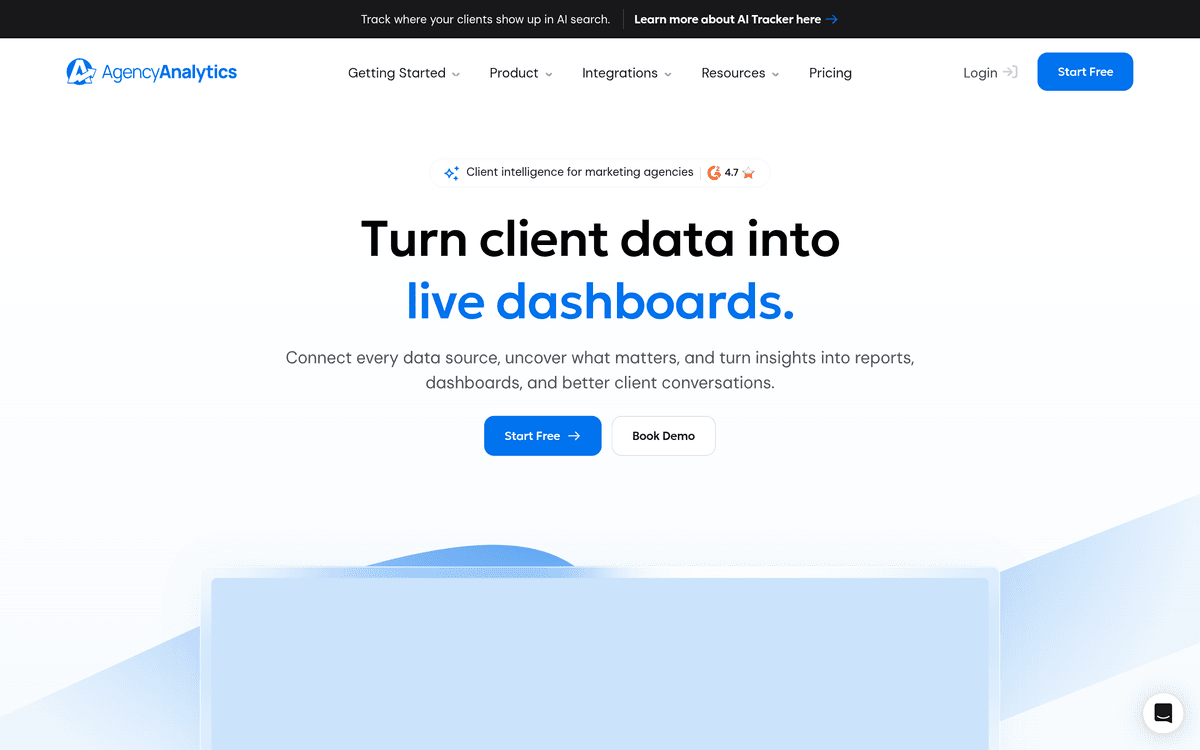 AgencyAnalytics website: turn client data into live dashboards