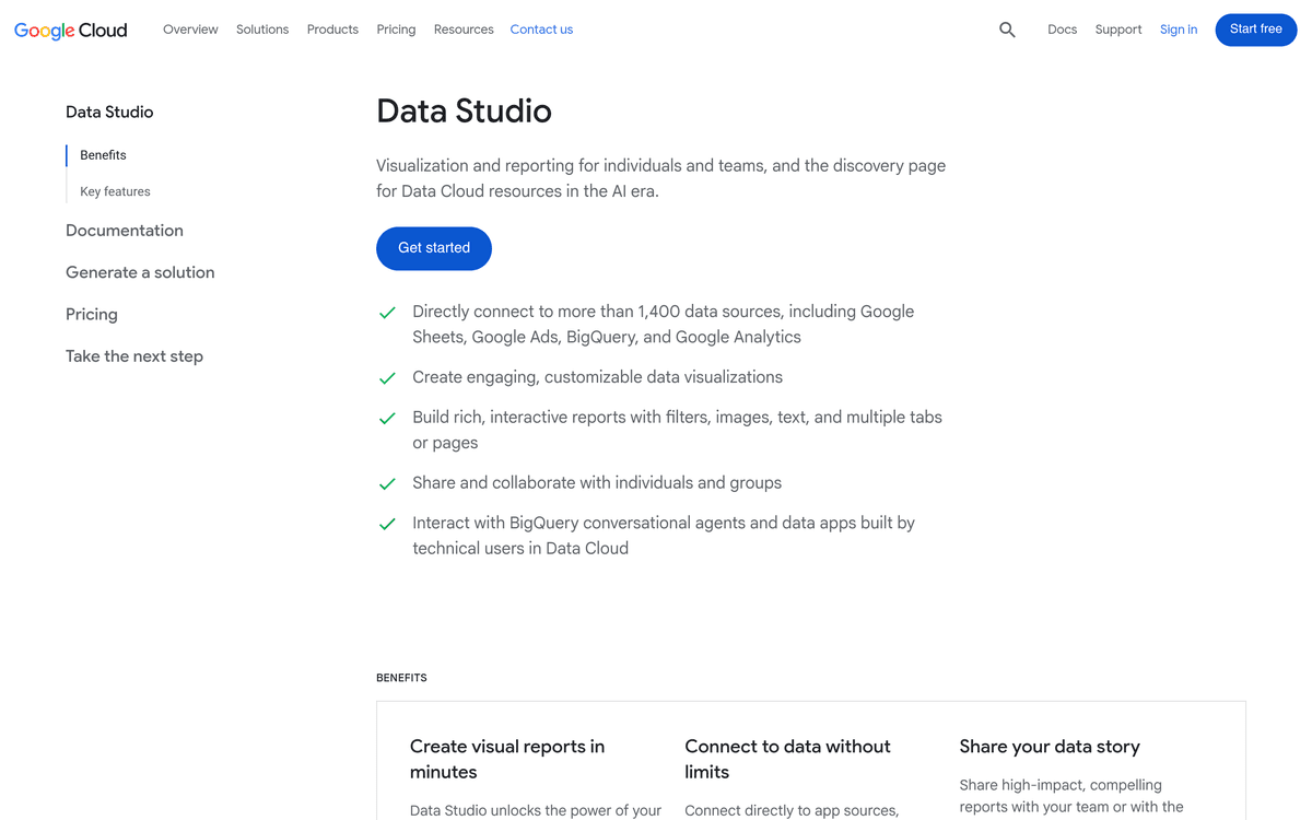 Looker Studio (Data Studio) product page on Google Cloud