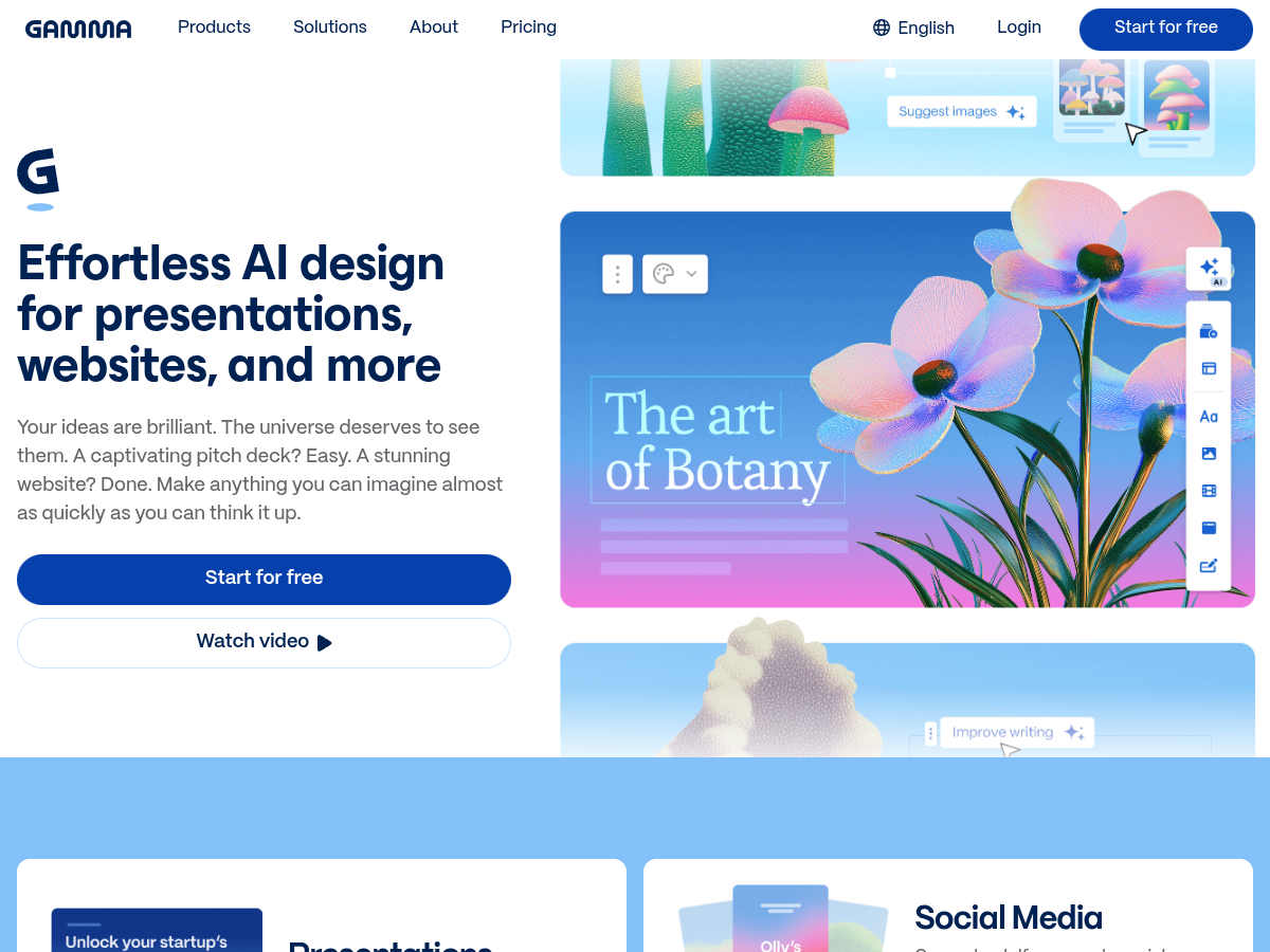 Gamma website — effortless AI design for presentations, websites and more