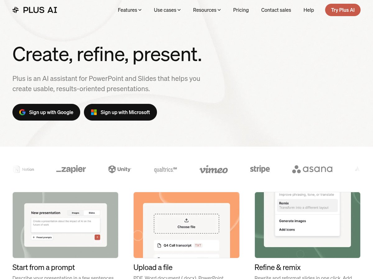 Plus AI website — create, refine, present