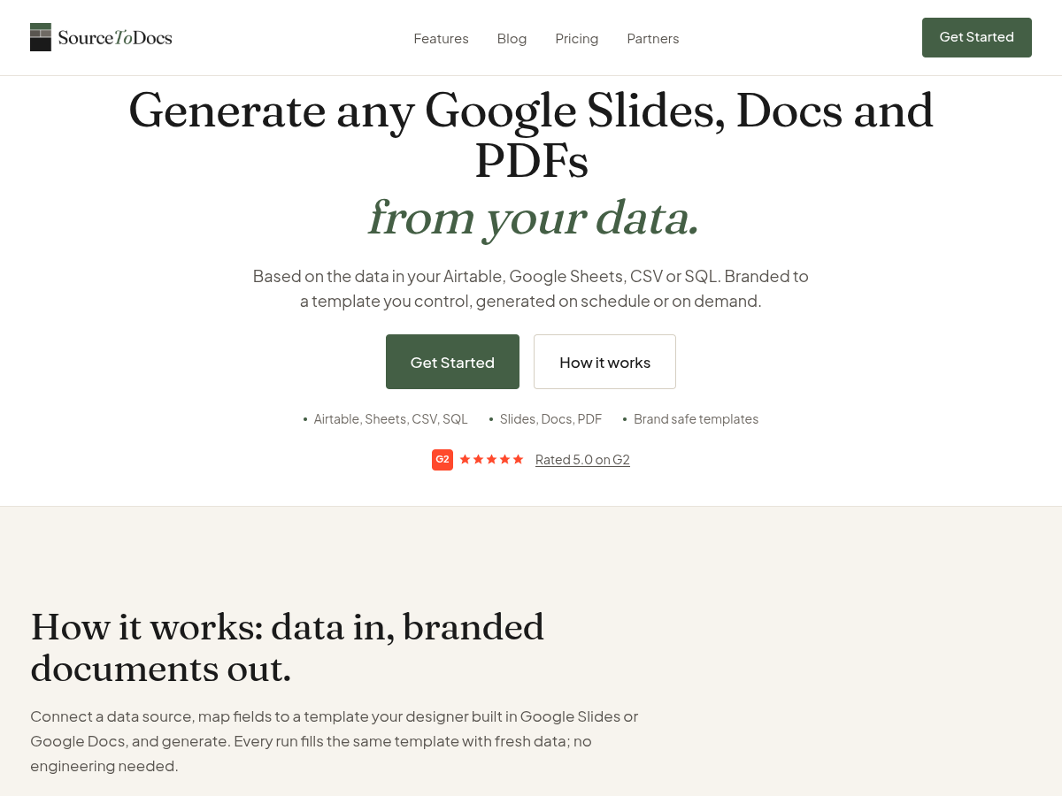 SourceToDocs website — Generate any Google Slides, Docs and PDFs from your data