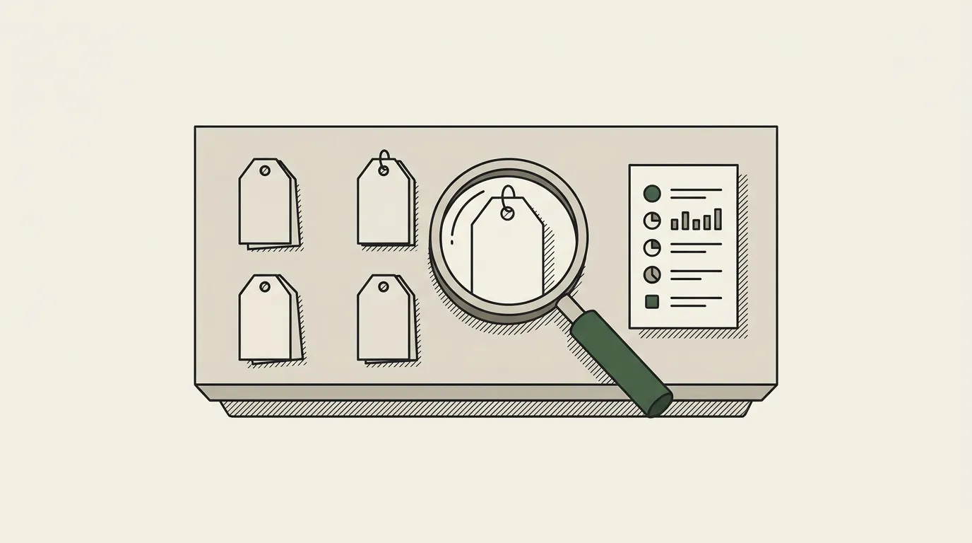 A shop counter with six blank price tags and a magnifying glass held over one, a short list card beside them