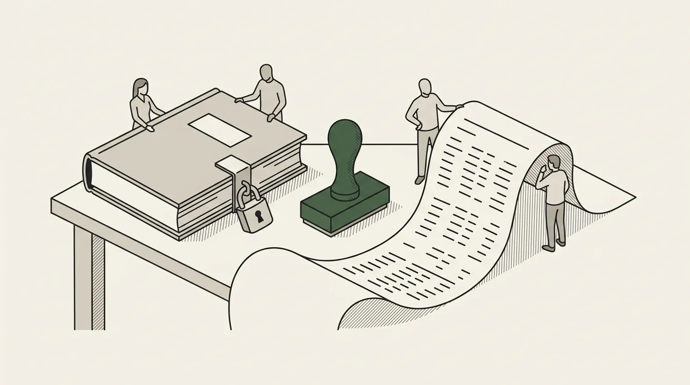 An analyst's desk with a locked number ledger on one side and a flowing draft page on the other, a single reviewer's stamp