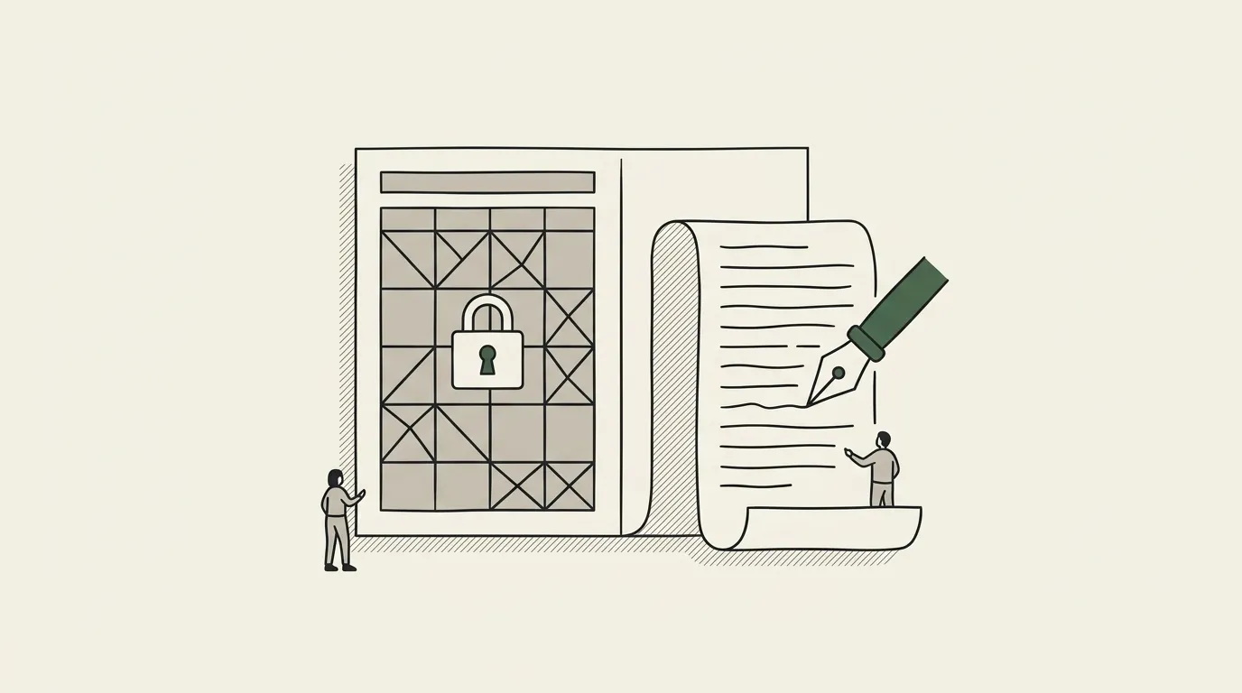 A report page where the numbers area is a solid locked grid and the narrative area is a flowing hand-drawn scroll, a pen nib as the accent