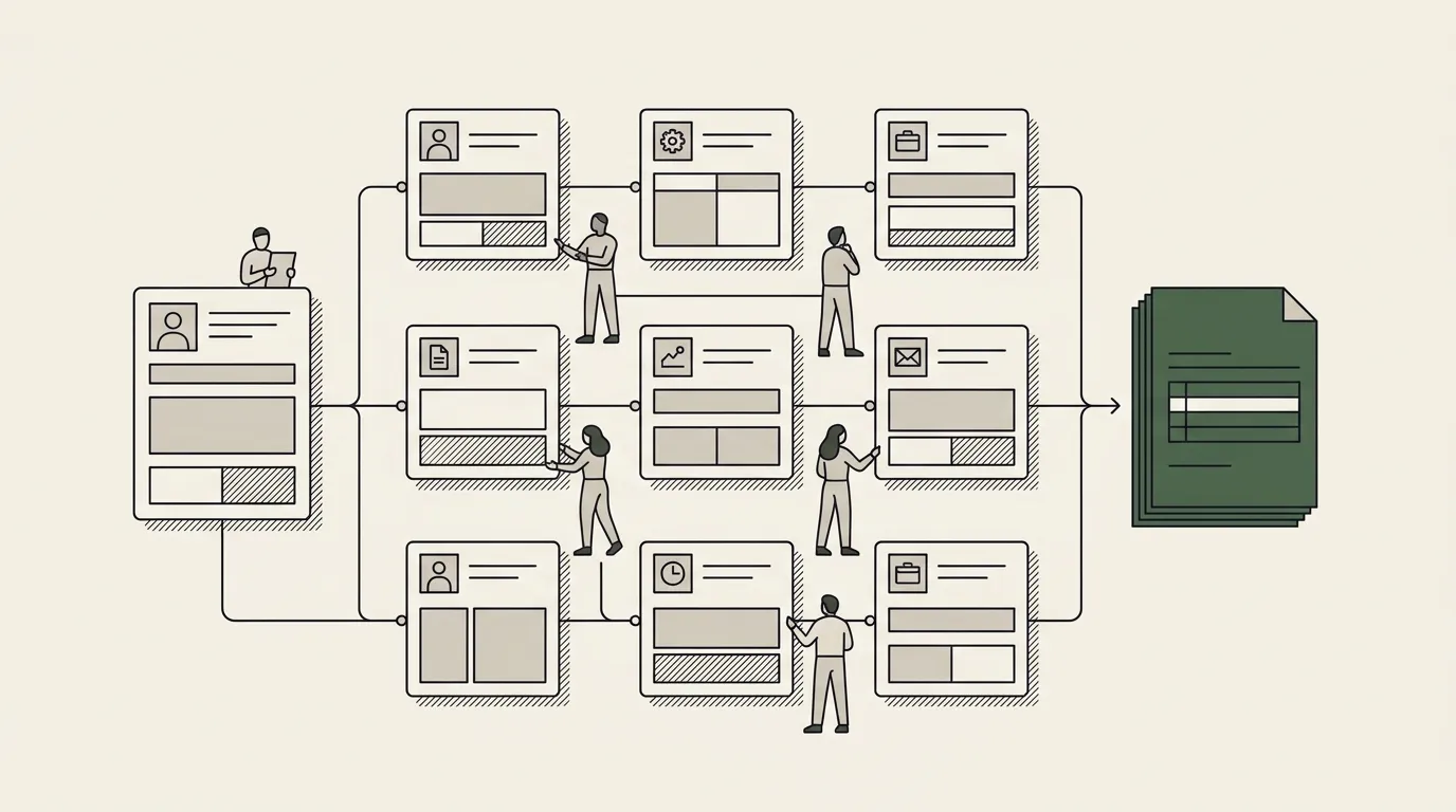 A relational grid of linked record cards, lines connecting a parent card to its children, all flowing into one finished document on the right