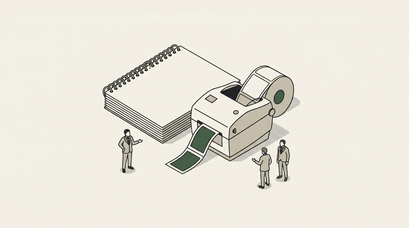 A label printer producing one neat tag per record beside a multi-page report that will not fit through it