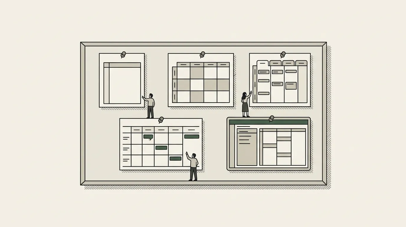 Five small agenda layouts pinned to a board: a single column, a grid, day tabs, a hybrid marker, a screen frame