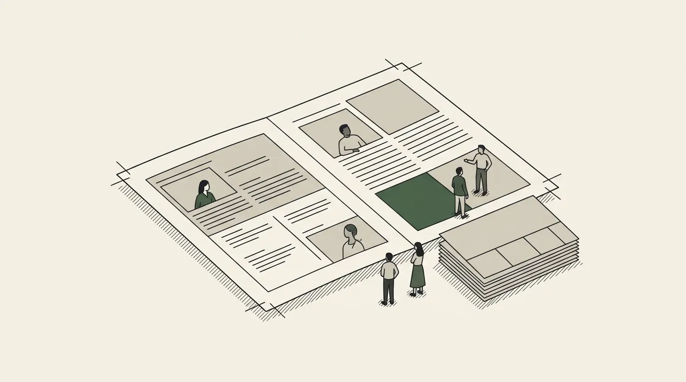 A printer's proof sheet of a conference programme spread with crop marks at the corners, a stack of stage-block cards beside it