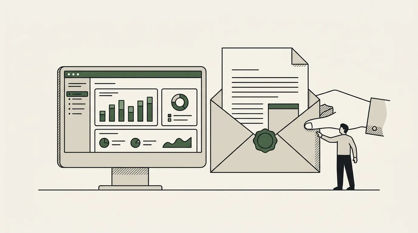 A glowing dashboard screen on the left and a crisp printed report in an envelope on the right, a hand reaching for the envelope
