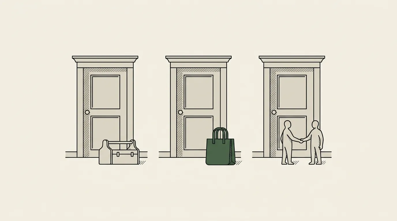 Three doors side by side, a toolbox before the first, a shopping bag before the second, two shaking hands before the third
