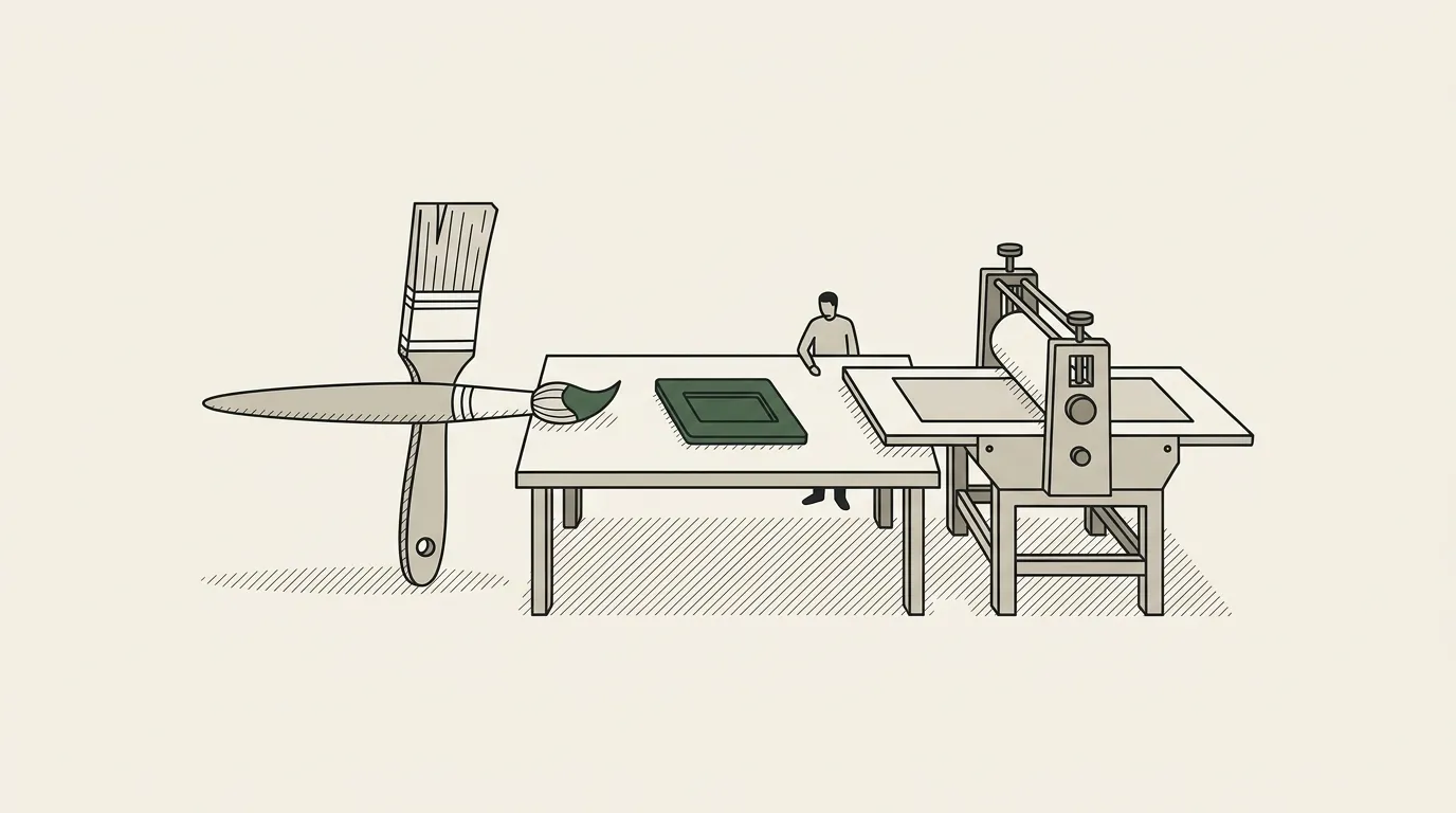 A paintbrush and a small printing press facing each other across a table with one slide between them