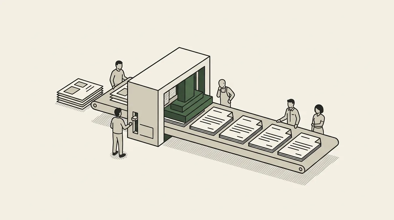 A single designed master page stamping out a neat row of identical finished documents, a small stack of data cards feeding in from the left