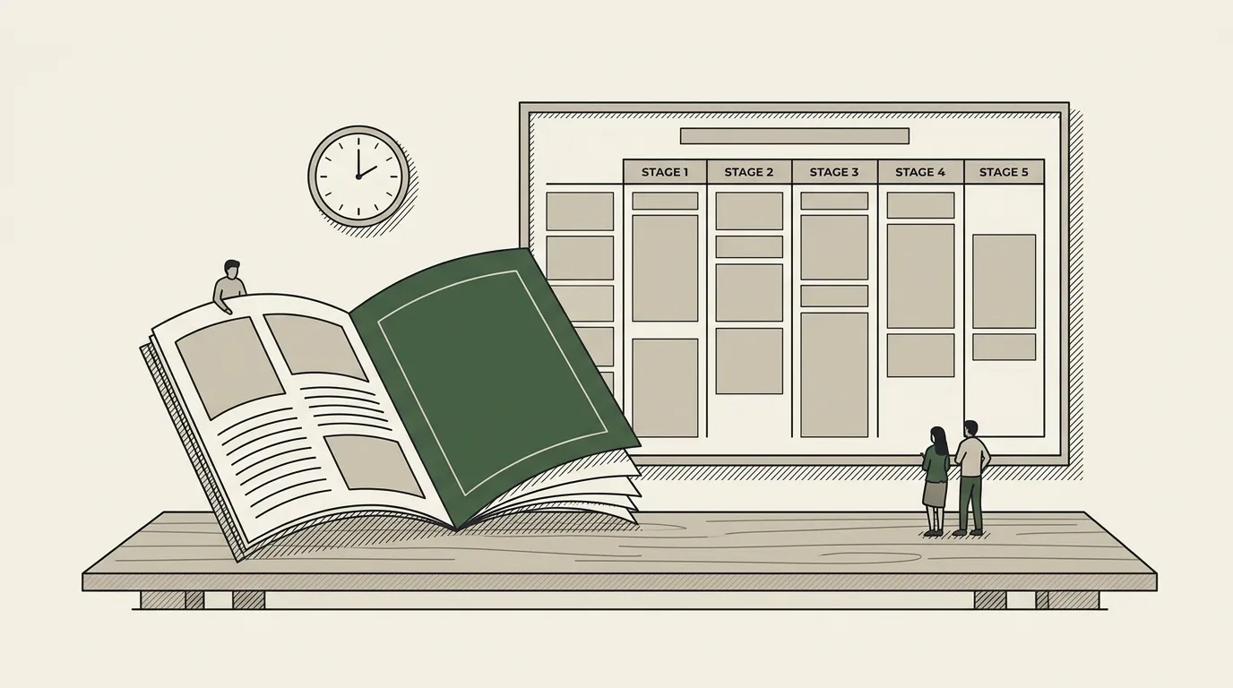 A printed conference programme booklet open on a table beside a schedule board of day and stage columns, a small wall clock