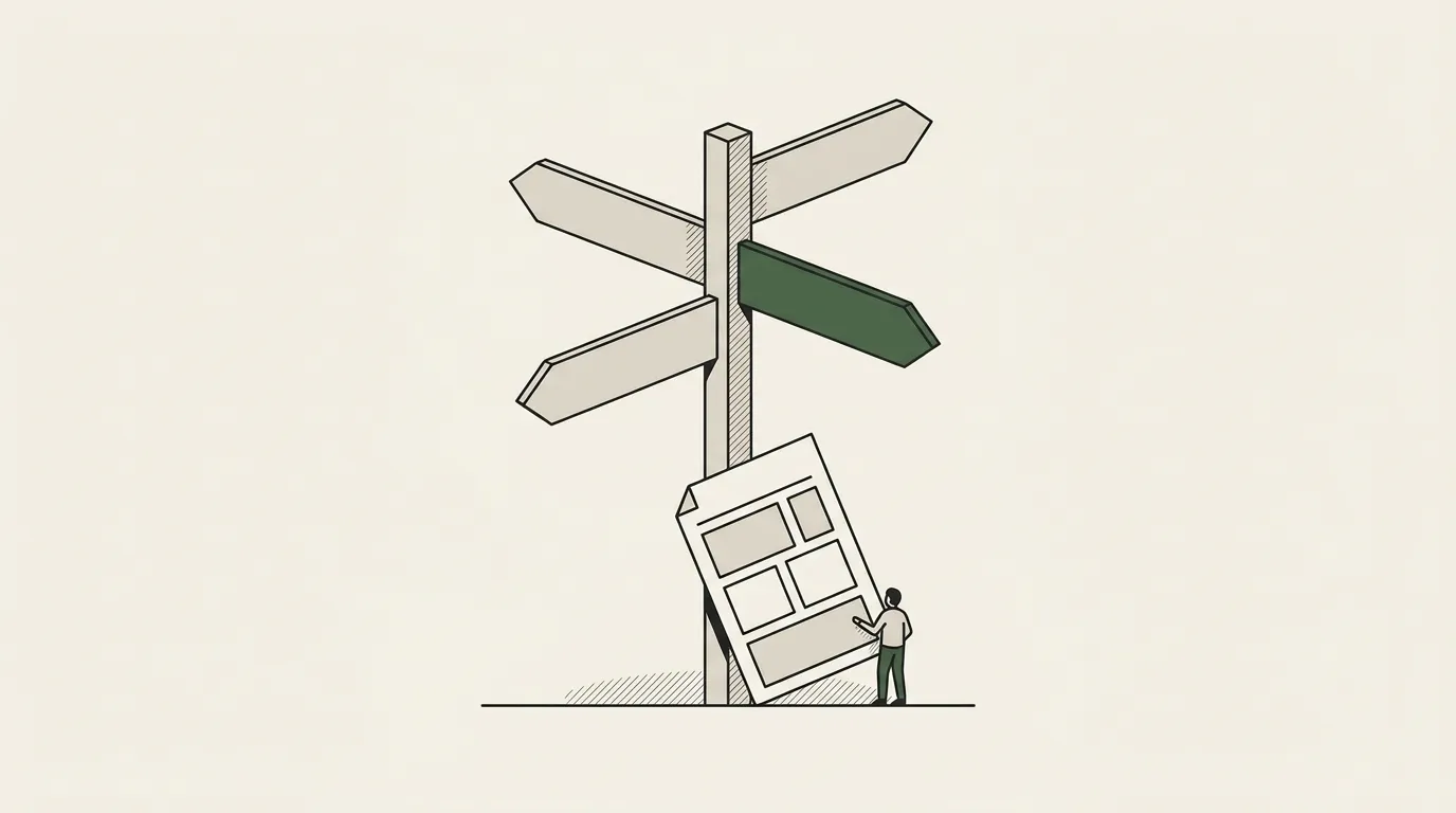 A signpost with four blank arms pointing different ways, a designer's brand master sheet leaning at its base
