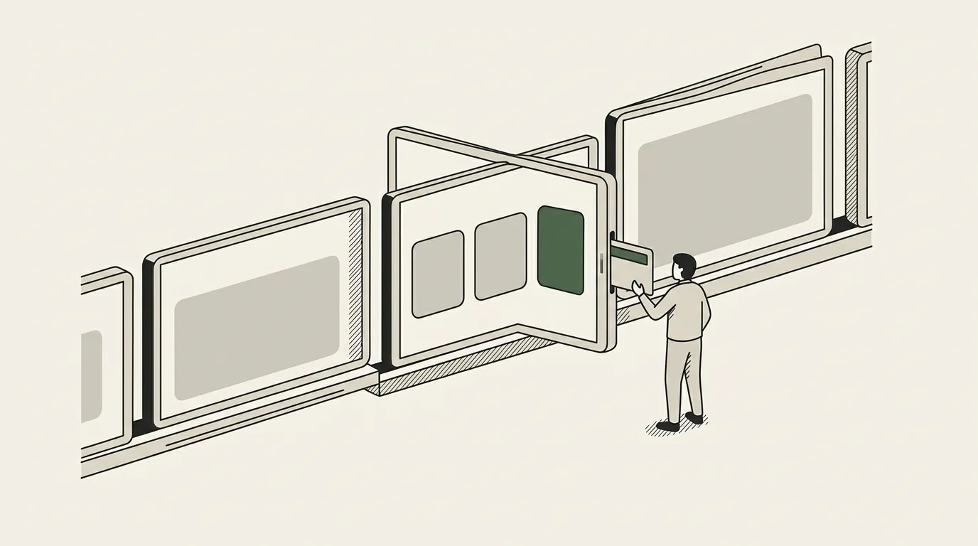 A row of widescreen slides on a rail, one slide lifted out with empty rounded placeholder boxes being filled from a data card