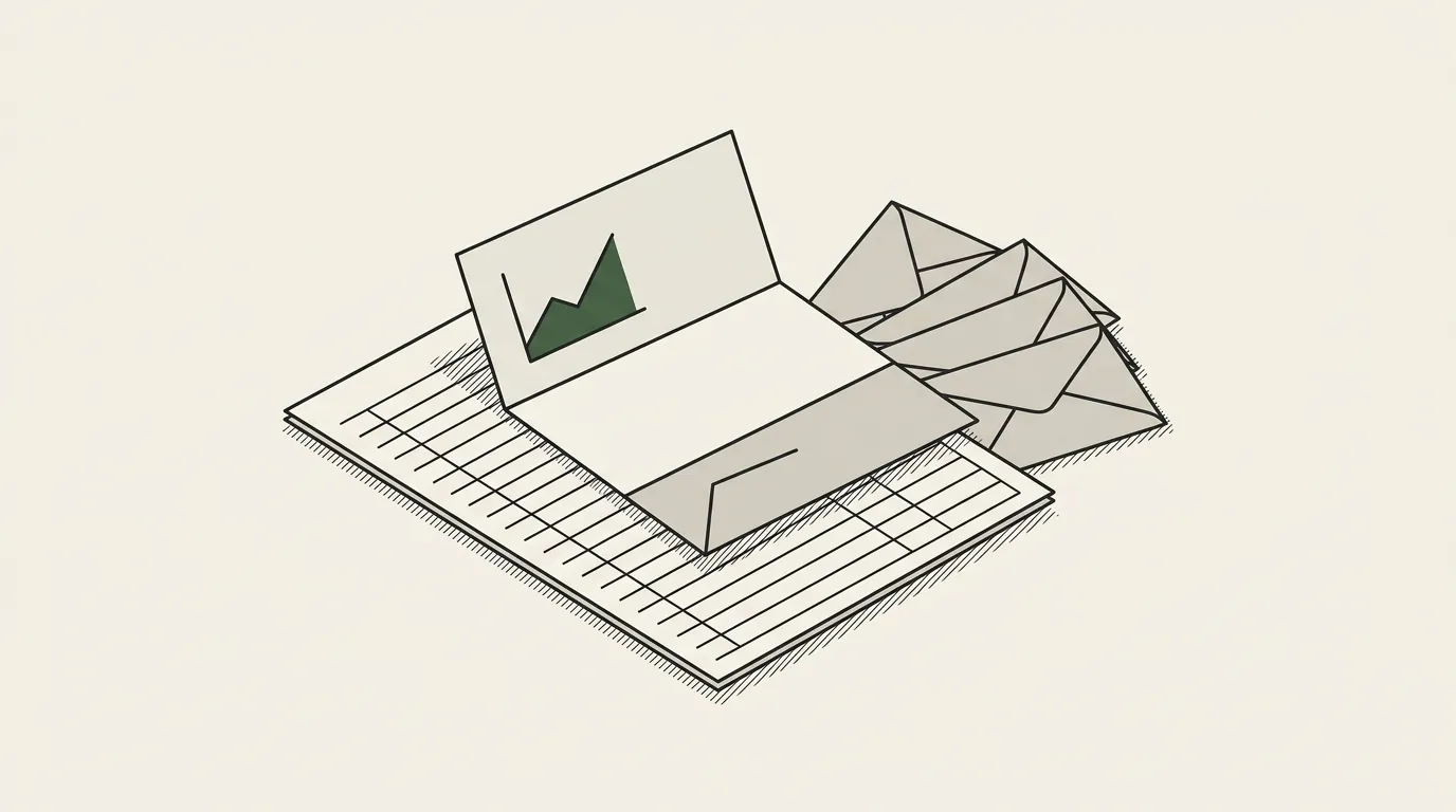 A folded letter with a small ascending line chart resting on a metrics ledger, envelopes fanned out ready to send