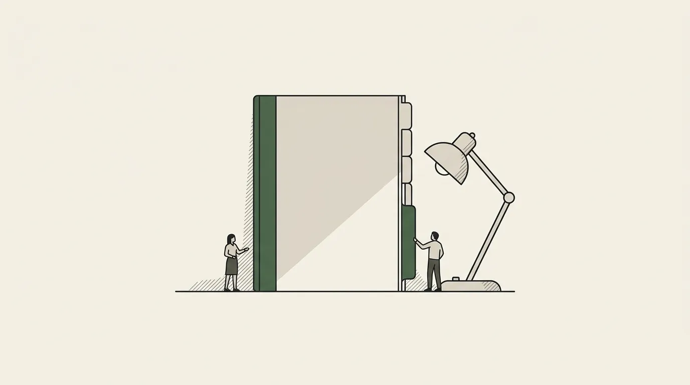 A bound quarterly report with a tabbed edge, one tab pulled out, a reading lamp beside it