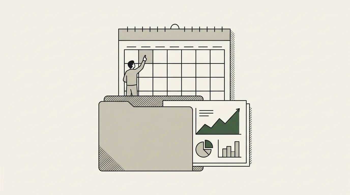 A monthly wall calendar with the first Monday marked, a client report sliding out of a folder beneath it