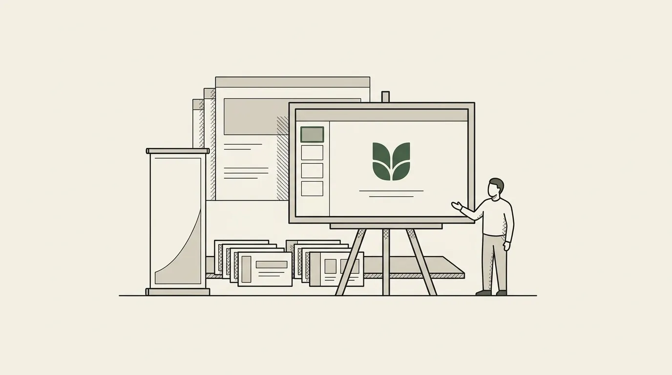 A widescreen presentation frame on an easel with a brand master slide behind it, a row of generated copies queued beneath
