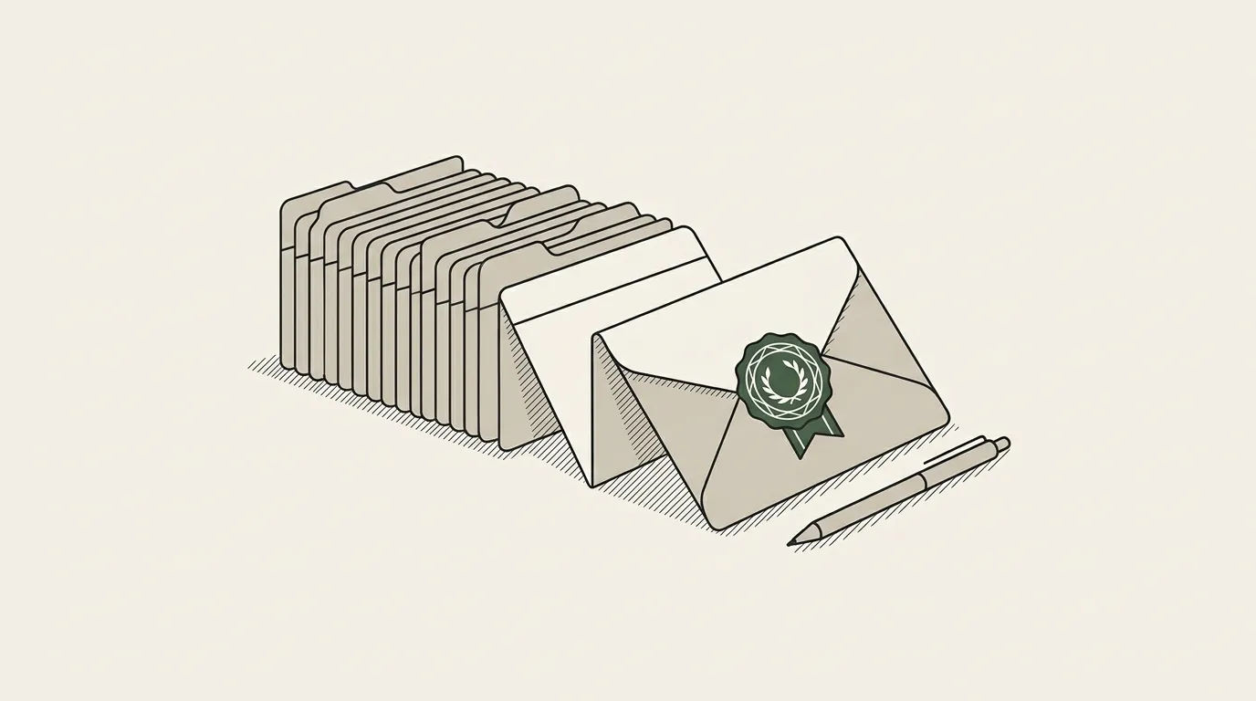 A folded proposal document with a seal mark emerging from a pipeline of stacked record cards, a pen resting beside it