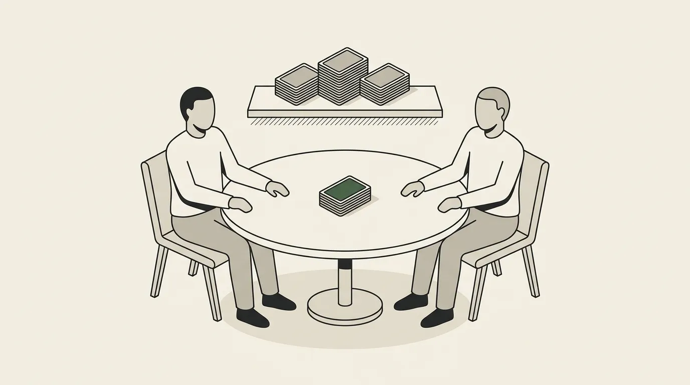 A round table with two chairs and a single deck between them, a stack of identical decks waiting on a shelf behind