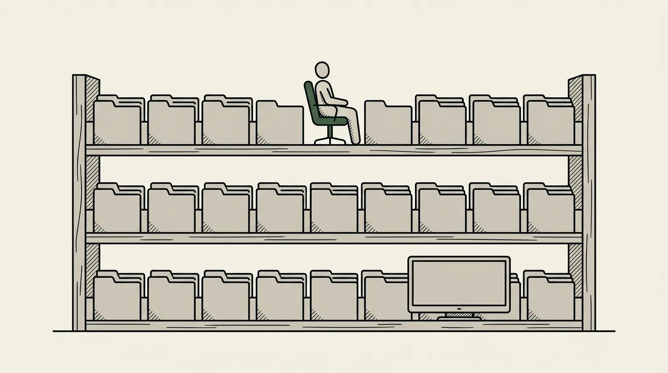 A wall of small account cards sorted onto three shelves, a meeting chair icon on the top shelf and a screen icon on the bottom