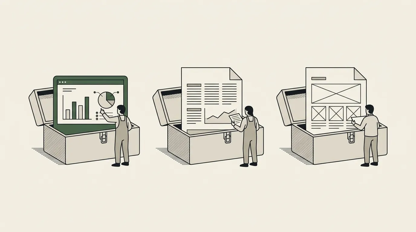 Three open toolboxes in a row, one holding a dashboard screen, one a printed report, one a design template sheet