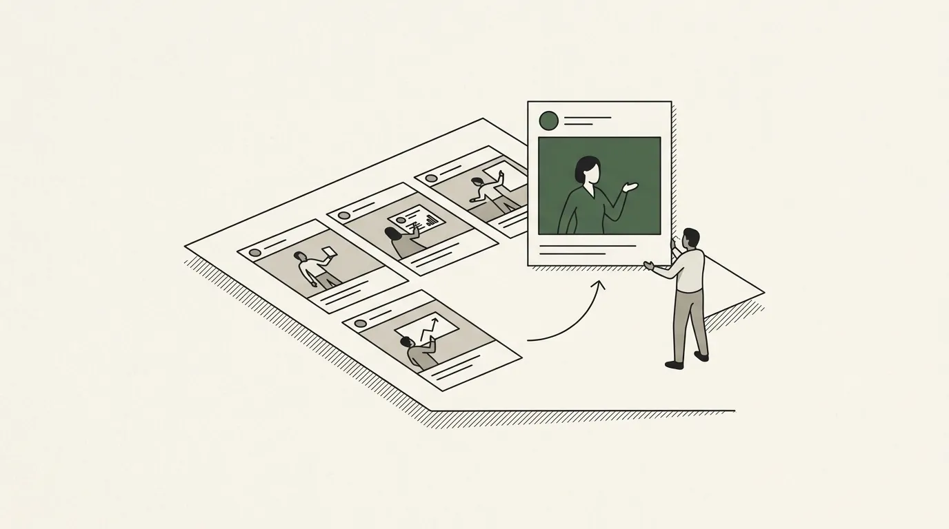 A report page with a grid of five small post thumbnails, one lifted and enlarged, a simple curve beneath