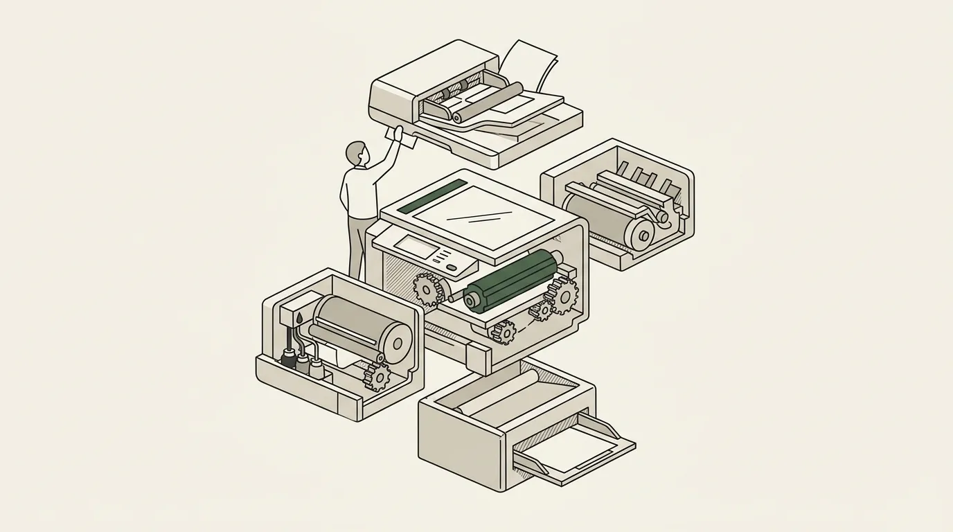 An exploded view of a document machine with four clearly separated modules, drawn like an engineering illustration