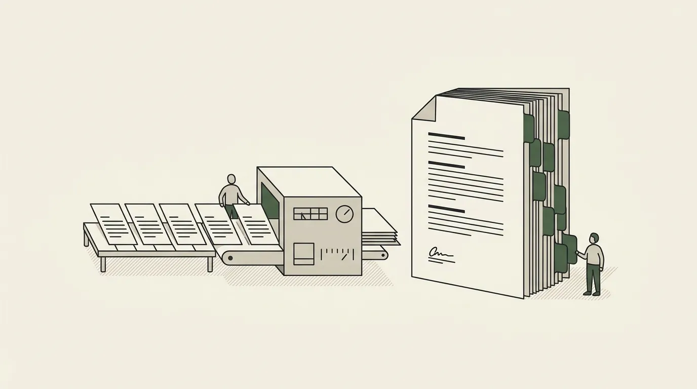 A row of identical letters sliding out of a small merge machine on the left, a thick contract with branching clause tabs on the right that will not fit through it