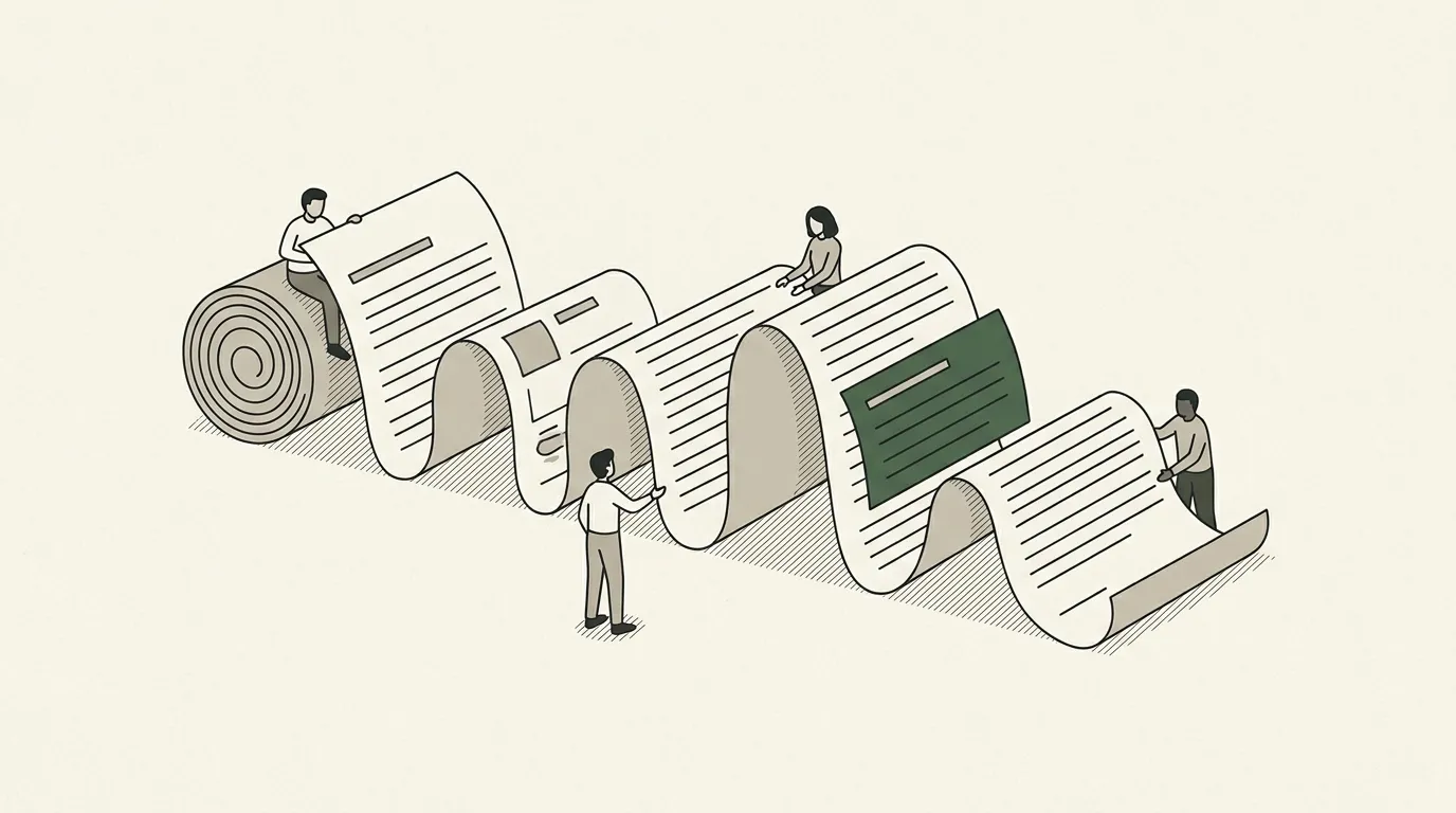 A long multi-page document unrolling like a ribbon with page breaks falling naturally, one clause block highlighted