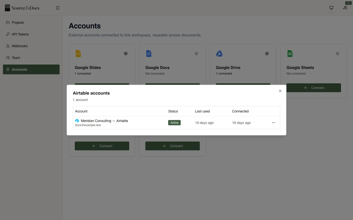 SourceToDocs accounts screen with the Airtable accounts modal open, one Airtable base connected