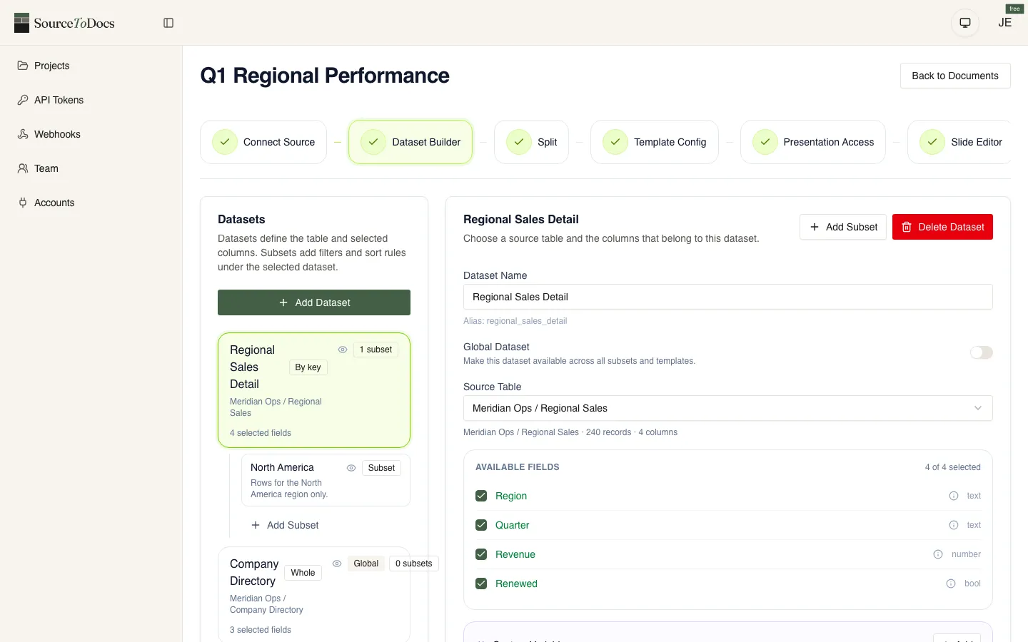 SourceToDocs dataset builder with a source table, selected fields and a subset