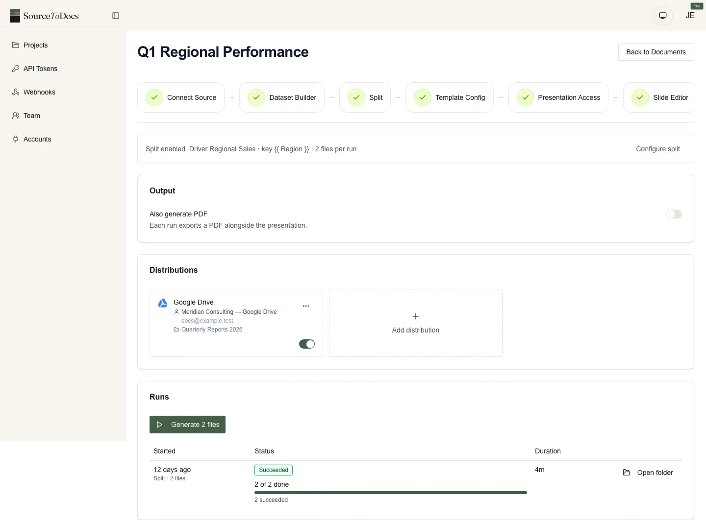 SourceToDocs delivery settings with PDF alongside the document, a Google Drive folder and the run log