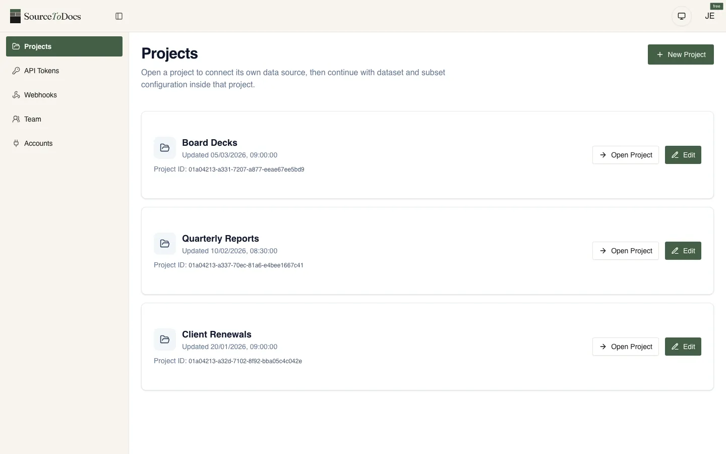 SourceToDocs projects screen listing Board Decks, Quarterly Reports and Client Renewals