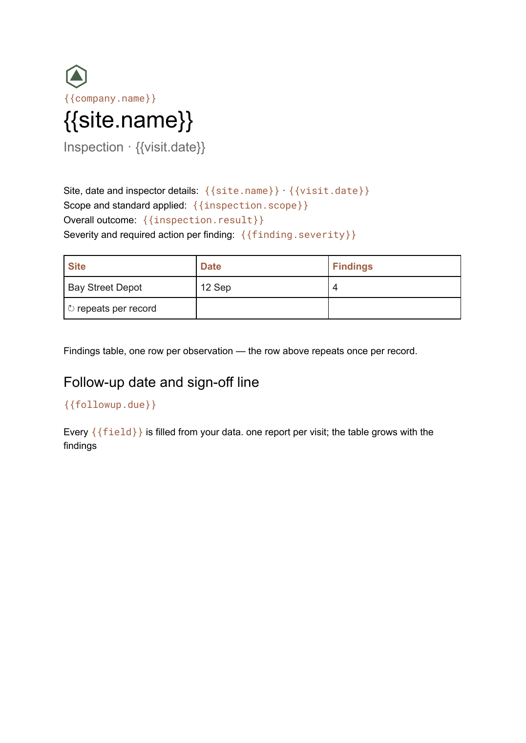 Inspection report template: the actual Google Docs template