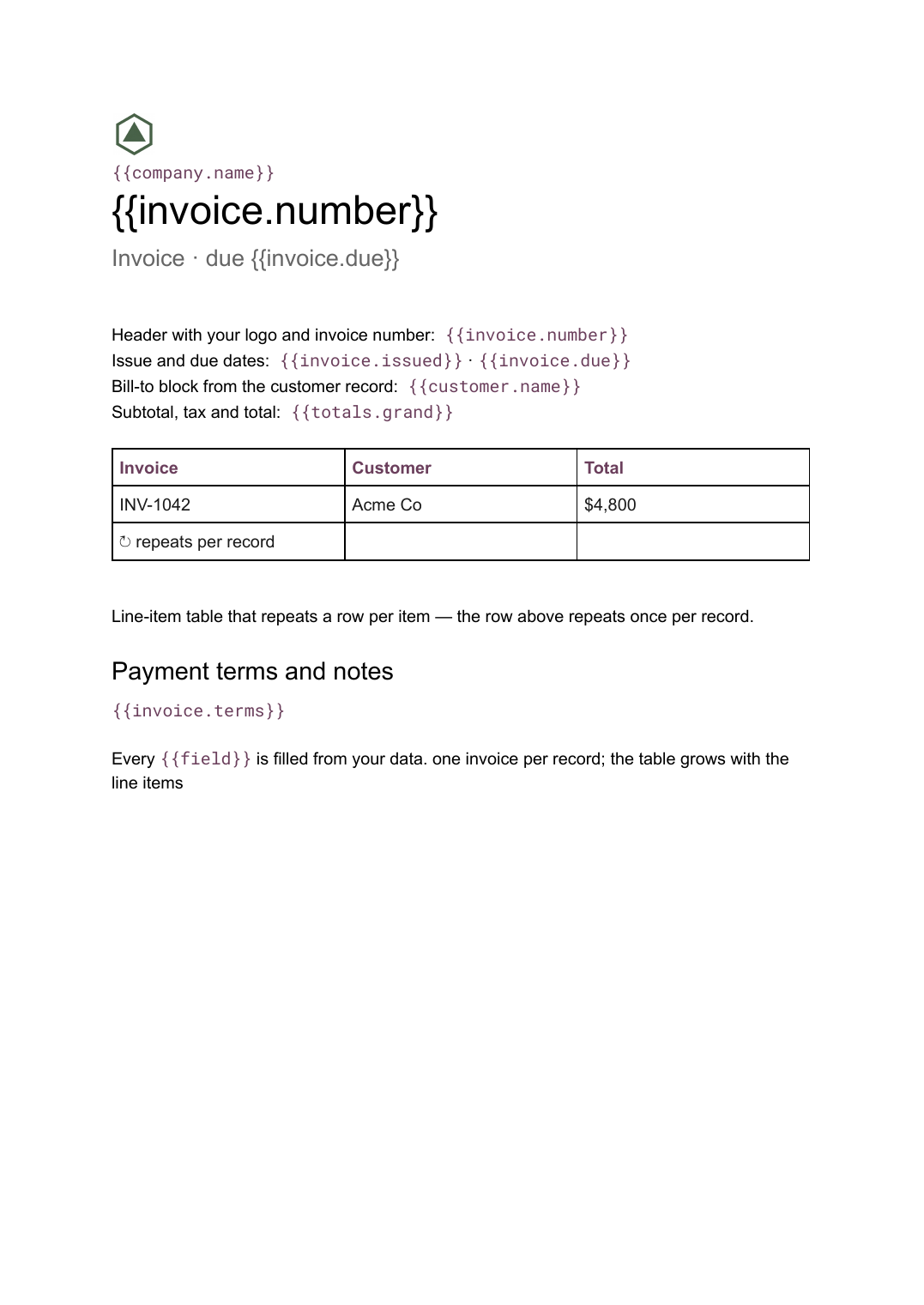 Invoice template for Google Docs: the actual Google Docs template