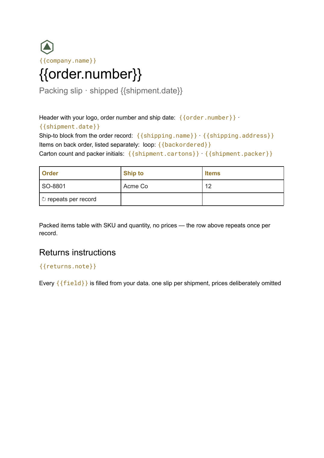 Packing slip template: the actual Google Docs template