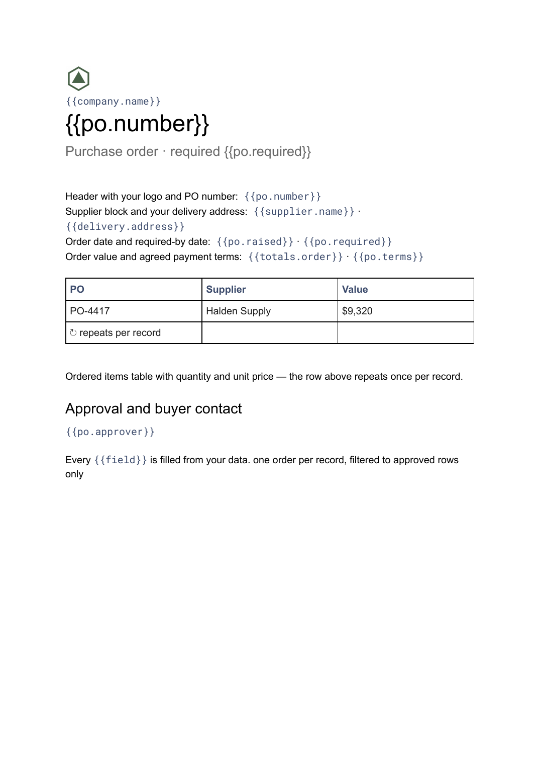 Purchase order template: the actual Google Docs template