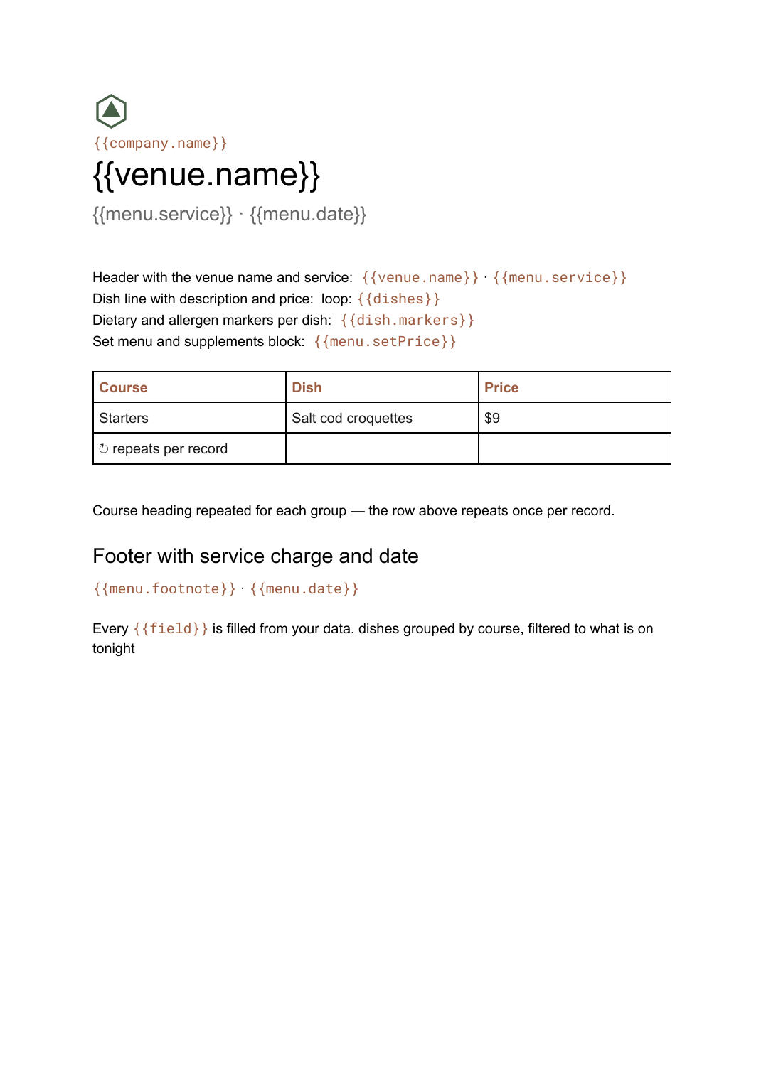 Menu template for Google Docs: the actual Google Docs template