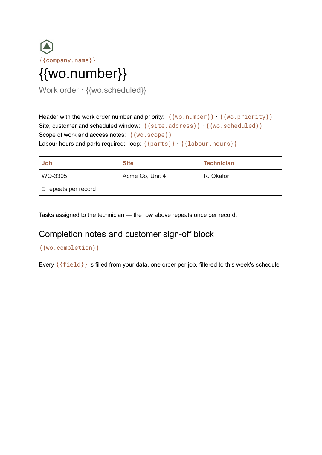 Work order template: the actual Google Docs template